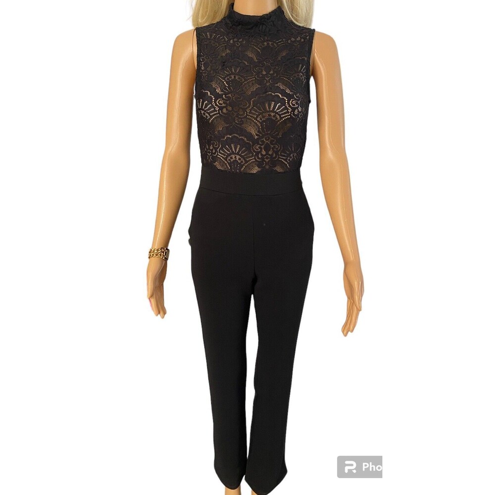 Windsor Black Stretch Lace Sleeveless Mockneck Jumpsuit Straight Leg, glam, sz S